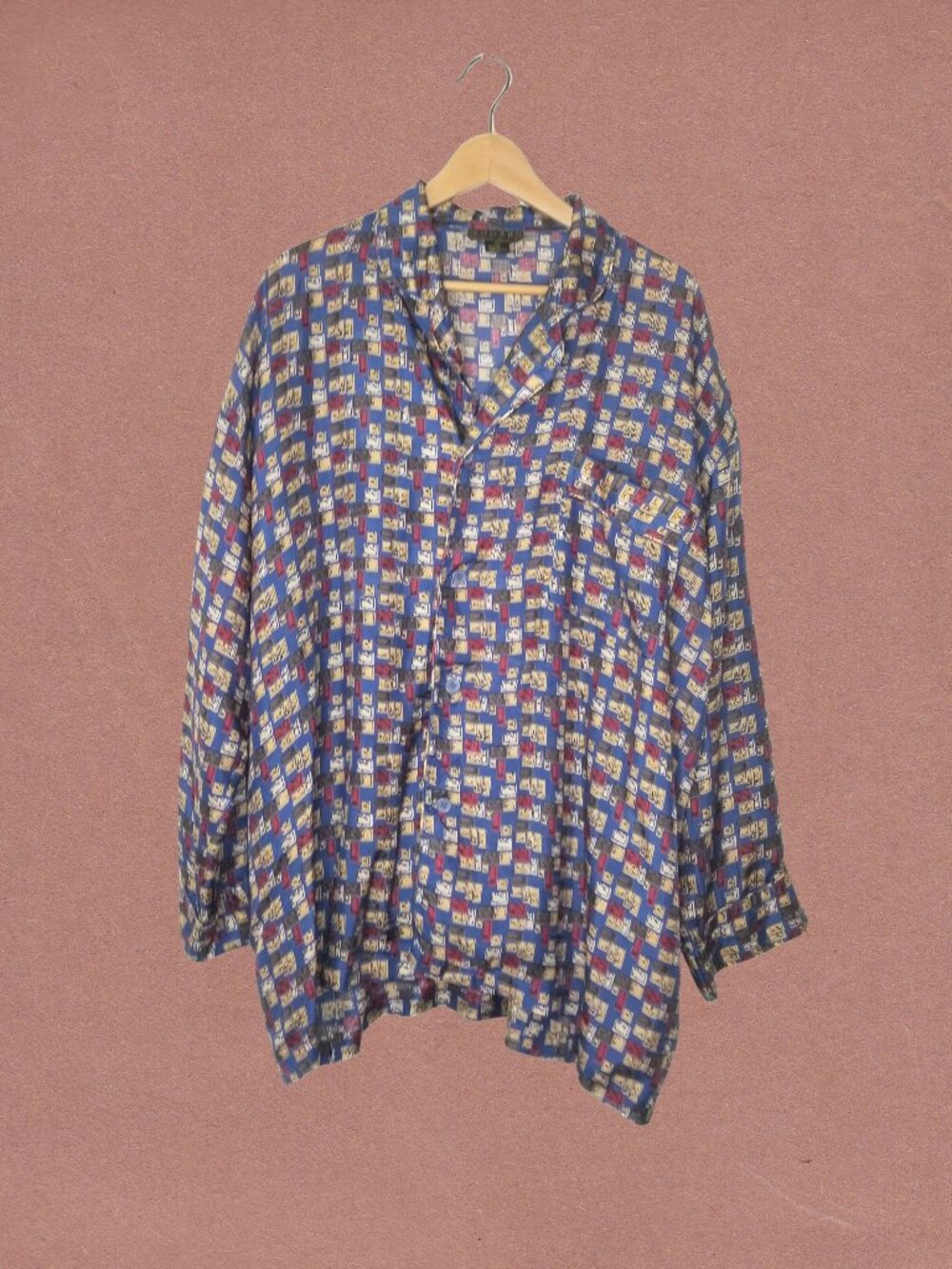 Vintage 90s Men's Bogari Studio 100% Silk Patterned Button-down Pajama Top, 1X